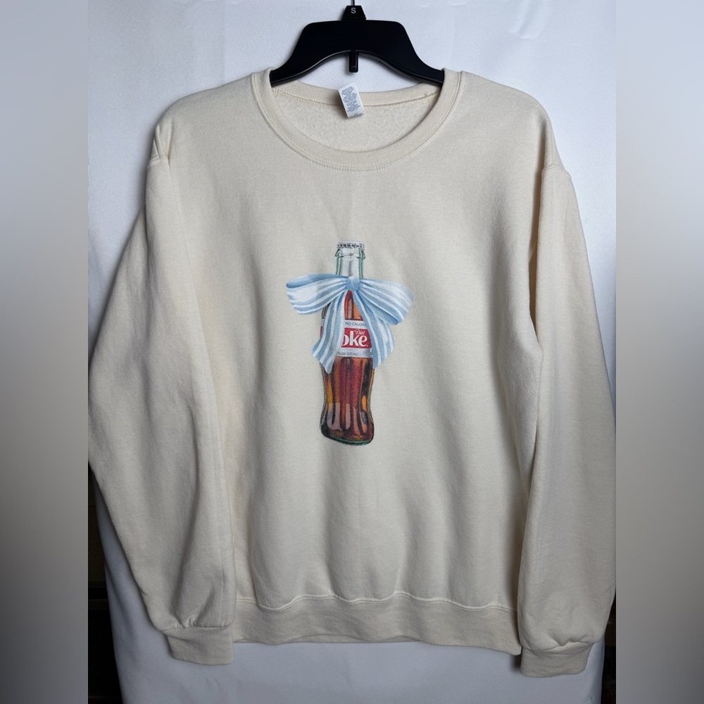 Cream Graphic Sweatshirt Diet Coke Bottle Bow Cozy Pullover Size S